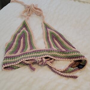 Beige Botany Crochet Triangle Halter Top in Lavender, Green & Cream SZ S/M
